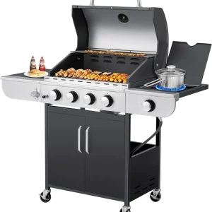 Upgraded 4 Burner BBQ Propane Gas Grill with Cast Iron Grates & Side Stove, 44,000 BTU Stainless Steel Burner Barbecue Grill for Patio, Camping, Outdoor Cooking.
