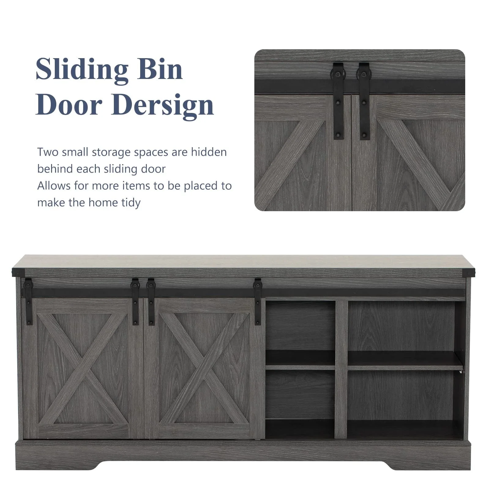 58" Farmhouse Coffee Bar Cabinet with Sliding Barn Door, Heavy Duty Sideboard Buffet Cabinet Kitchen Storage(Grey)