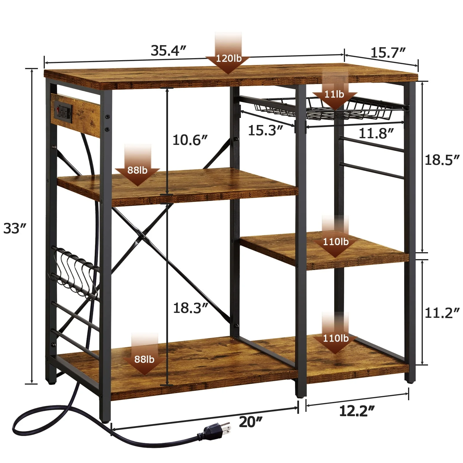SUPERJARE Kitchen Bakers Rack with Power Outlet, Coffee Bar Table Station, Microwave Stand with 6 S-Shaped Hooks, Wire Basket, Kitchen Storage Shelf Rack, Rustic Brown