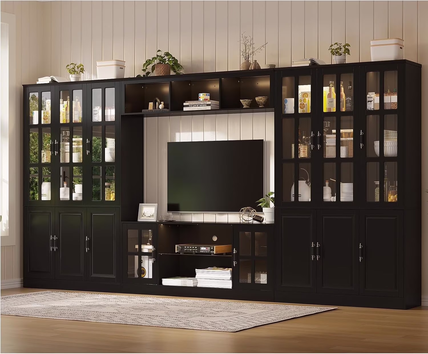 MEISSALIVVE 4-Piece Wall Unit TV Stand with Storage & LED Lights for TVs up to 75", Modern Entertainment Center with Bookshelves & 8-Door Pantry Cabinet, Gray