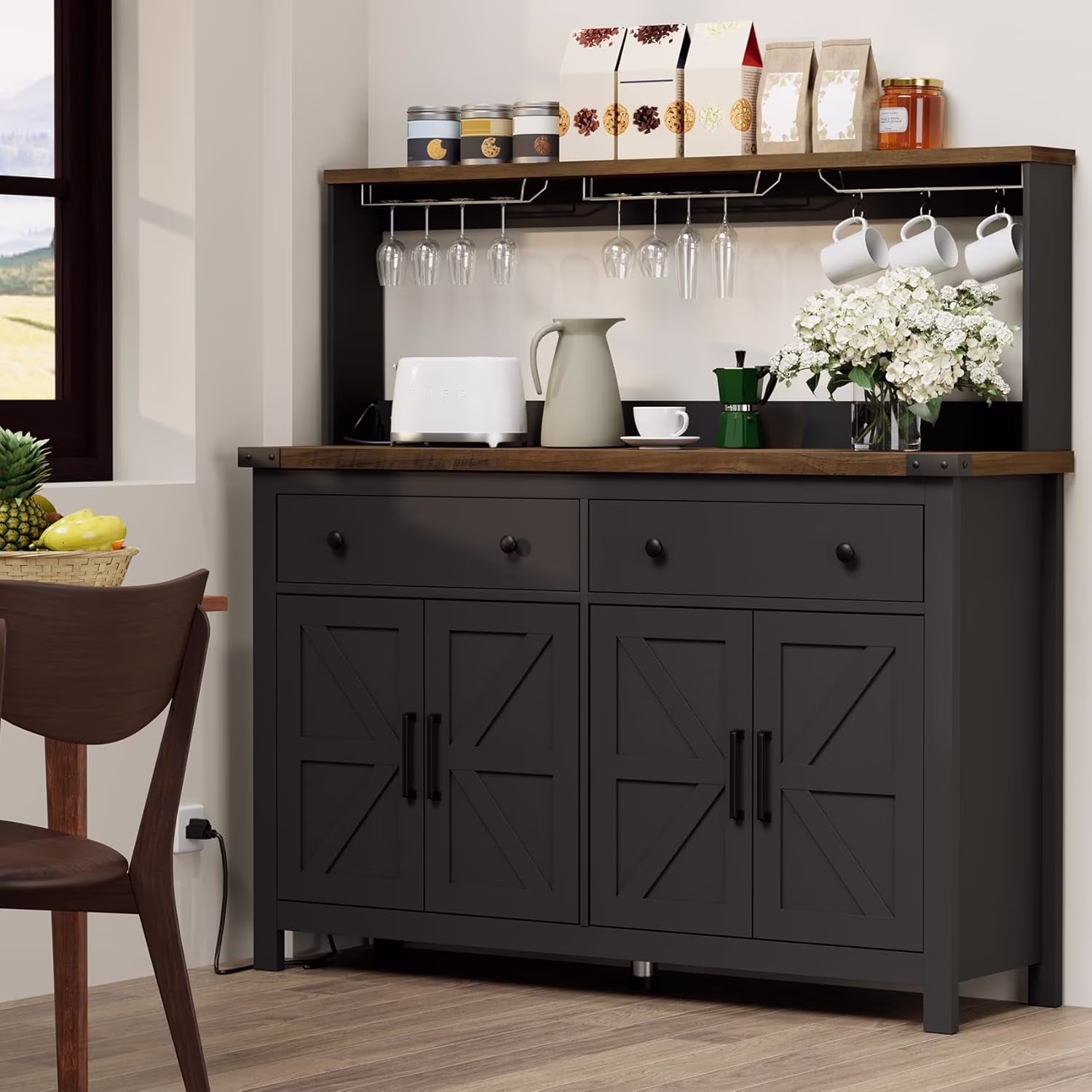 Frmobepts Farmhouse Coffee Bar Cabinet, 60" Tall Bar Cabinet with Drawers & Power Outlet, Sideboard Buffet Cabinet with Storage Barn Door for Kitchen, Dining Room