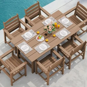 SERWALL 7-Piece Patio Table Set, Outdoor HDPE Dining Furniture with Umbrella Hole, All Weather Table and Chairs for Lawn, Garden, Poolside, Aruba