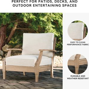 Signature Design by Ashley Clare View Coastal Outdoor Patio Eucalyptus Sofa with Cushions, Beige