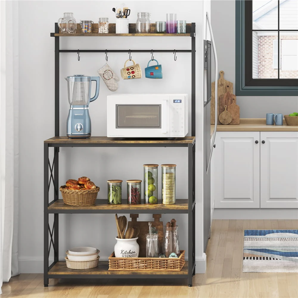 SmileMart 4-Tier Bakers Rack Kitchen Storage Shelf with S-Hooks, Rustic Brown