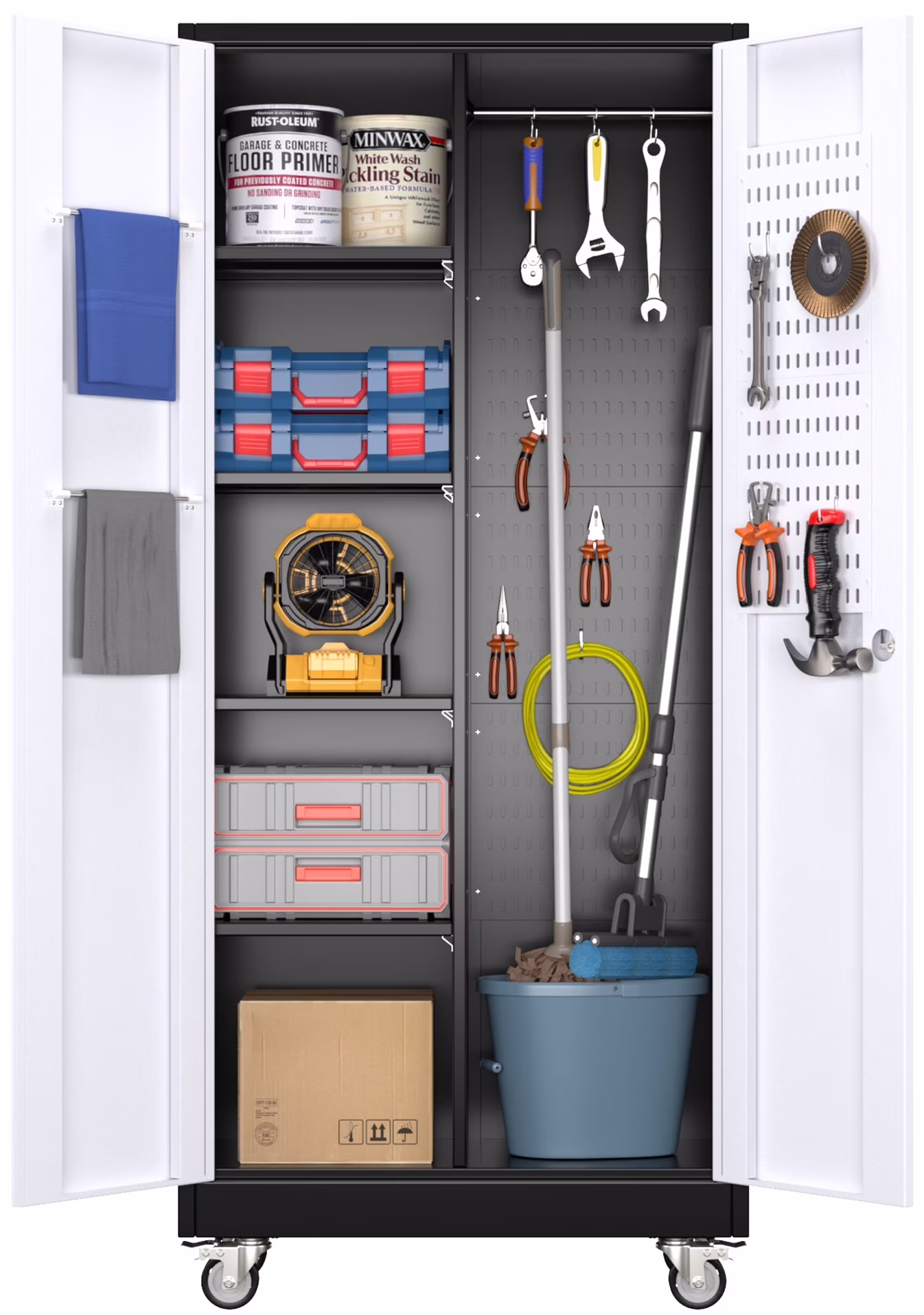 GangMei 71-Inch Metal Lockable Storage Cabinet with Pegboards and 5 adjustable shelves, White, Assembly Required