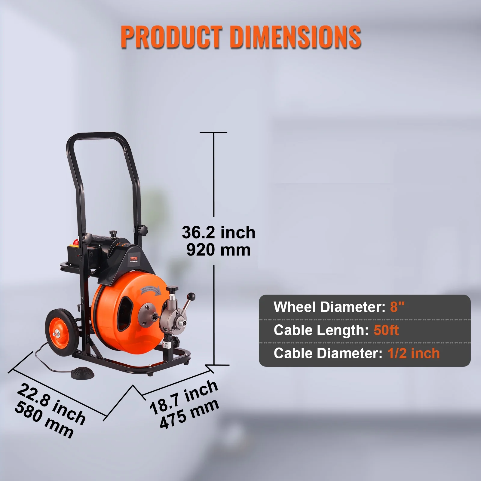 VEVOR Drain Cleaning Machine 50 FT x 1/2 Inch, Sewer Auger Auto Feed with 4 Cutter & Air-activated Foot Switch for 1" to 4" Pipes, Orange, Black
