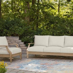 Signature Design by Ashley Clare View Coastal Outdoor Patio Eucalyptus Sofa with Cushions, Beige