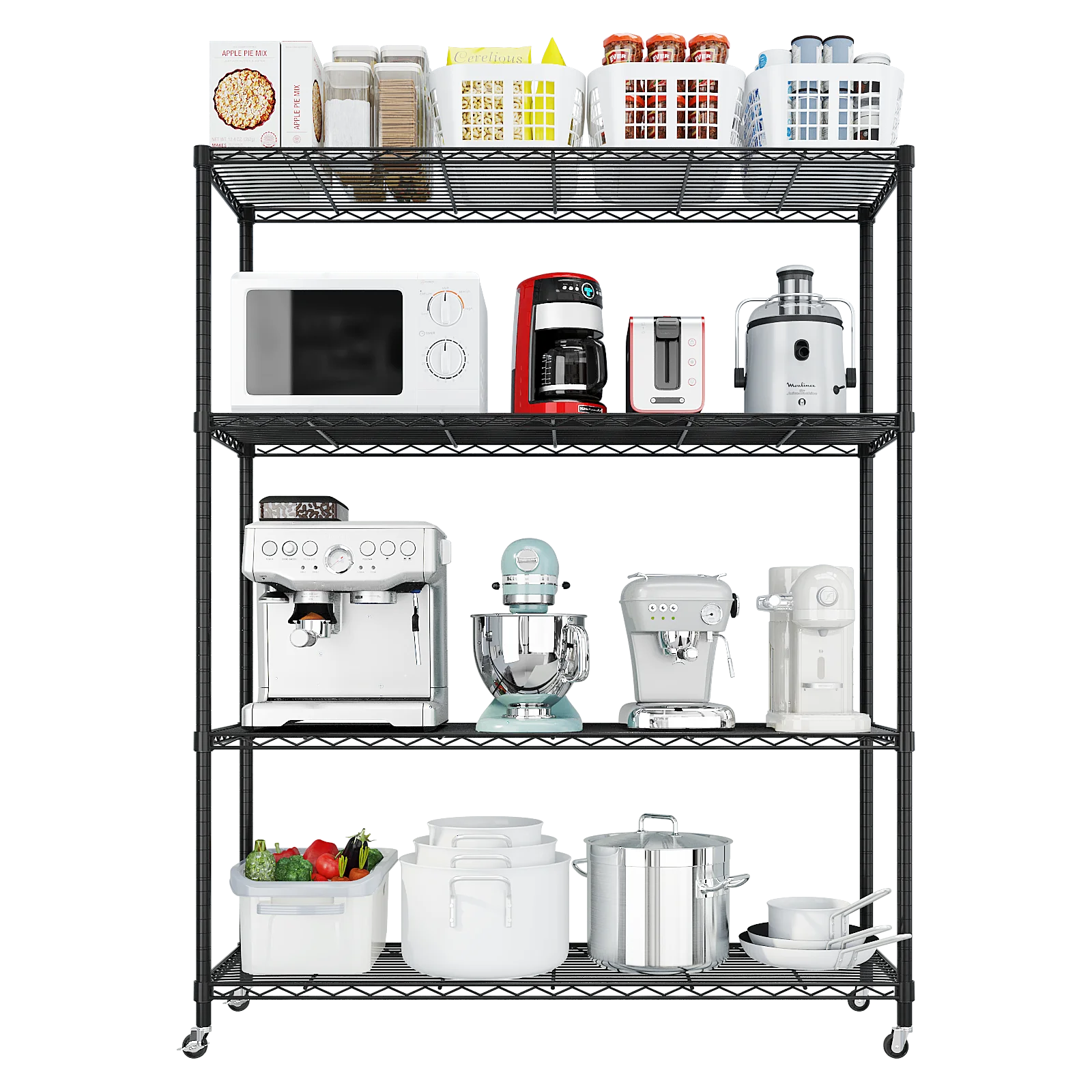Ktaxon 4 Tier Wire Shelving with Wheels, 46"W x 17.7"D x 65"H Multifunctional Storage Rack Metal Garage Shelves Organizer, Capacity for 800lbs, Black