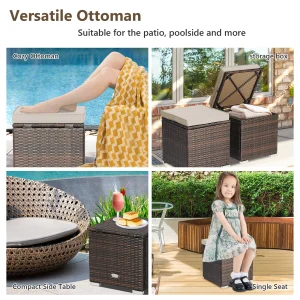 Costway 2PC Patio Rattan Ottoman Seat Side Table Storage Box Footrest Off White