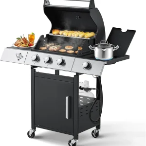 Upgraded 4 Burner BBQ Propane Gas Grill with Cast Iron Grates & Side Stove, 44,000 BTU Stainless Steel Burner Barbecue Grill for Patio, Camping, Outdoor Cooking.
