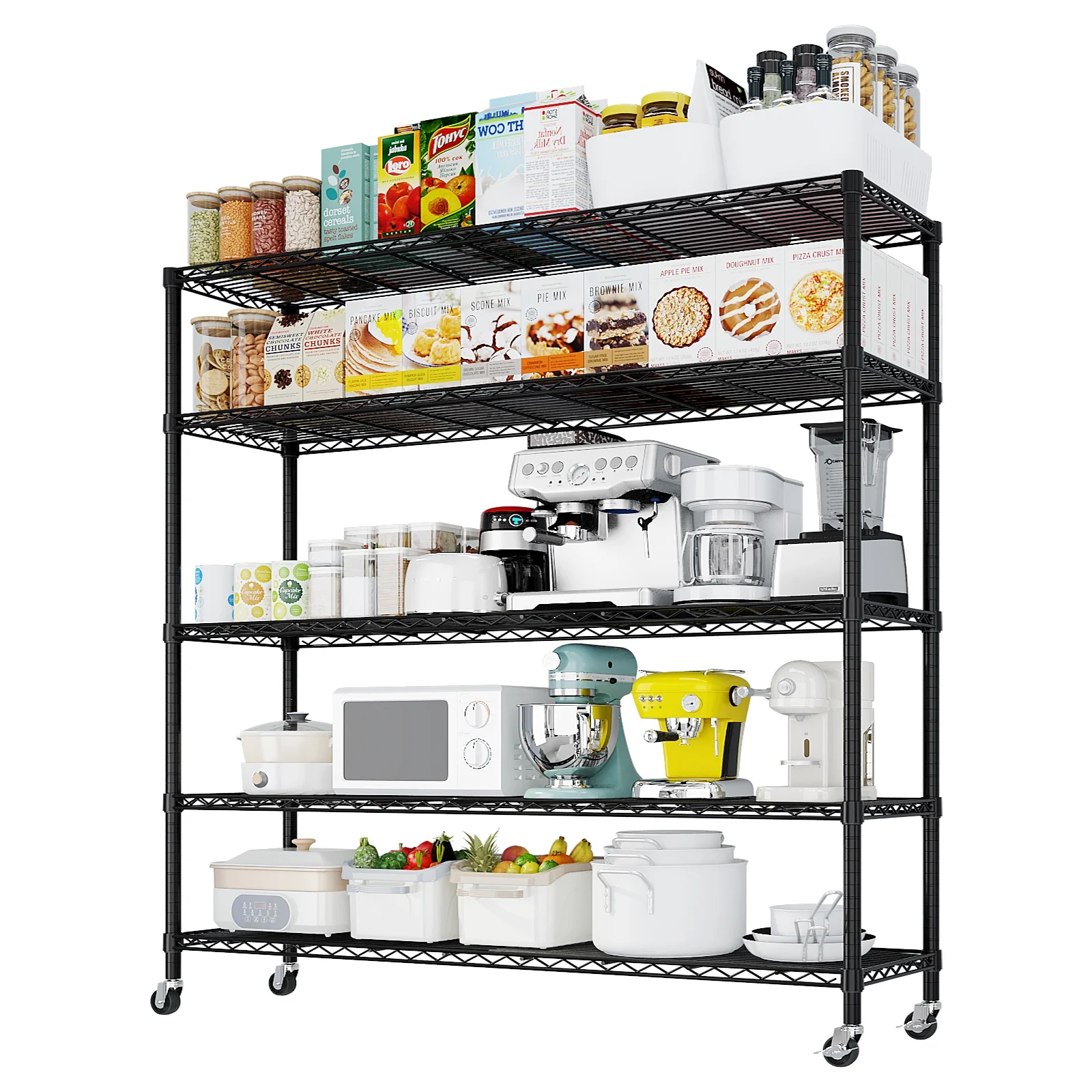 Ktaxon 4 Tier Wire Shelving with Wheels, 46"W x 17.7"D x 65"H Multifunctional Storage Rack Metal Garage Shelves Organizer, Capacity for 800lbs, Black