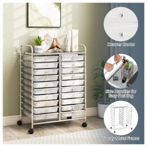 20 Drawers Storage Cart w/Rolling Wheels, Semi-Transparent Mobile Rolling Drawer Cart for School Classroom Office Home Salon, Files Scrapbook Craft Organizer, Utility Cart on Wheels (Clear)
