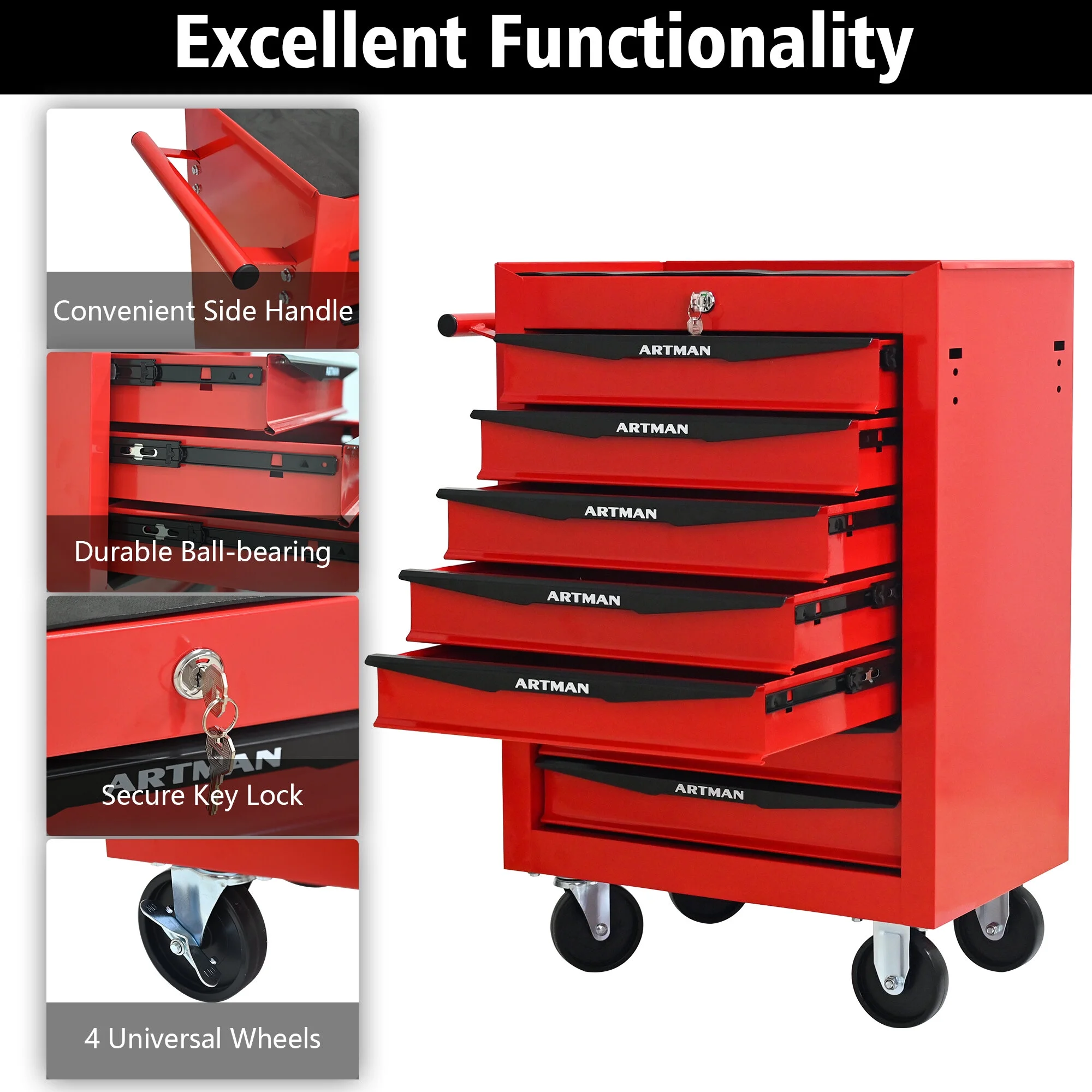 Tool Cabinets 4 Drawers Multifunctional Tool Cart with Wheels,Metal Rolling Tool Cart Storage for Garage Workshop Warehouse Repair Shop--With Stainless Steel Roof- Red&Black,Garage Tool Cabinets