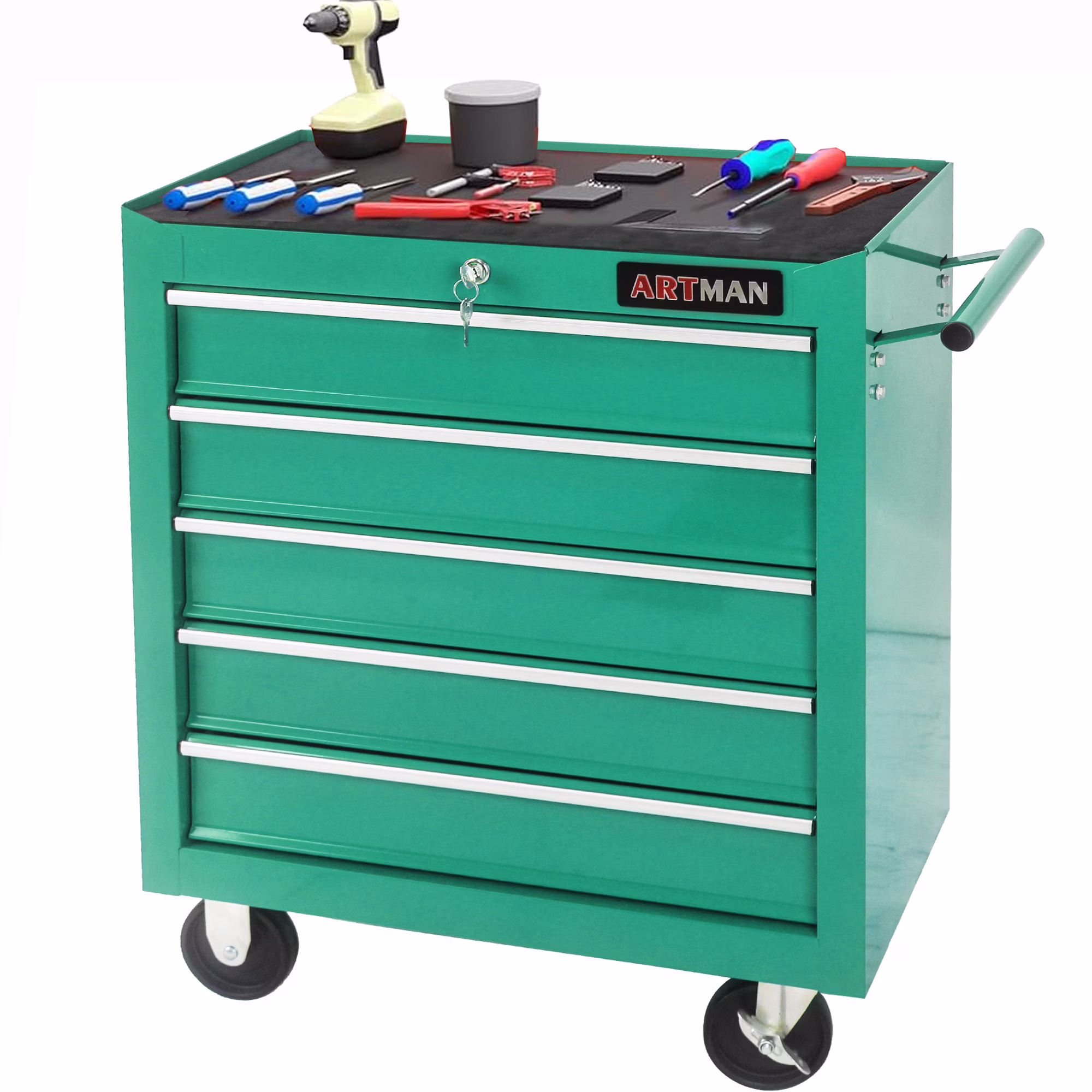 Tool Chest on Wheels, 5-Drawer Rolling Tool Box with Workbench Top, Multifunctional Tool Storage Organizer for Garage, Warehouse, Workshop
