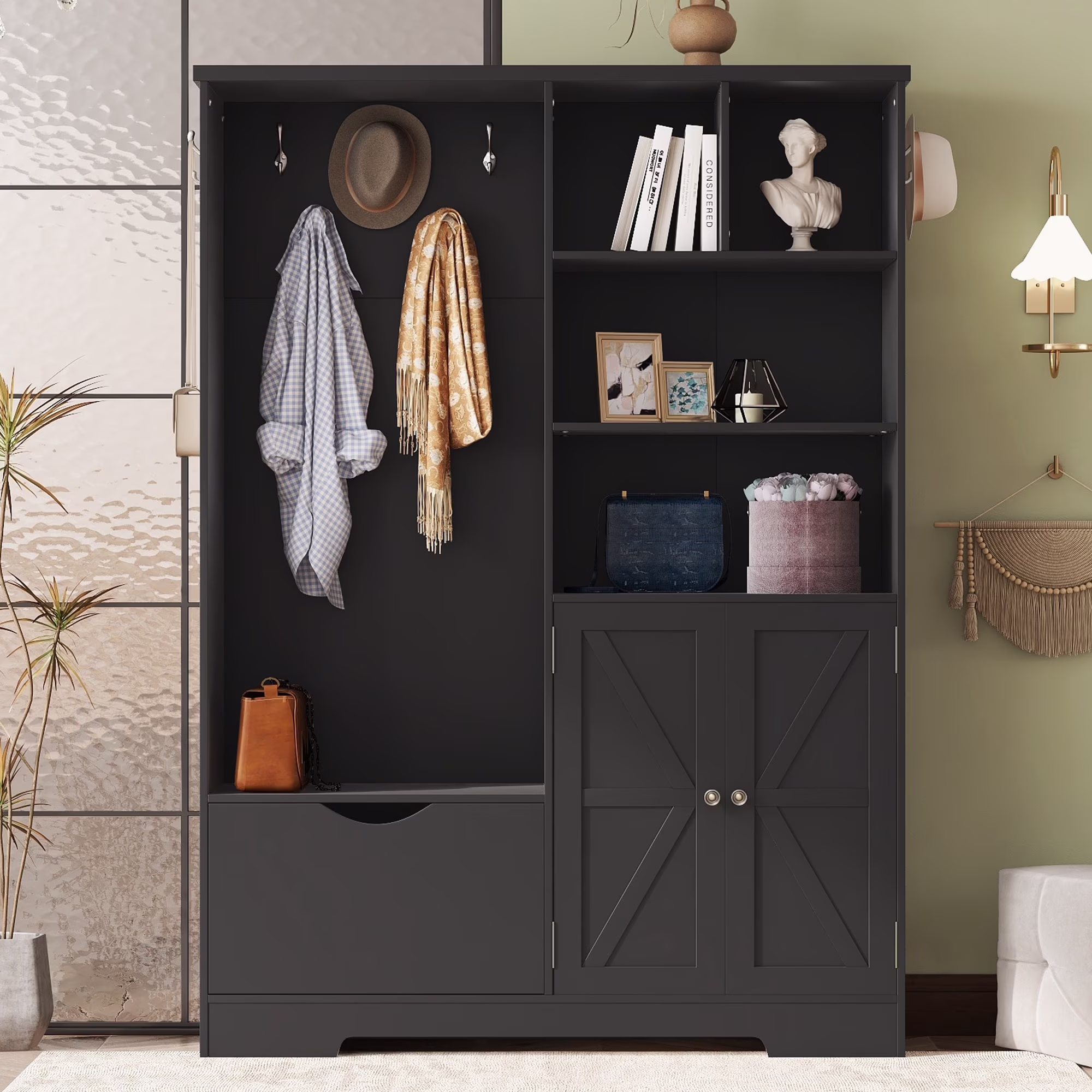 Bellemave 59"W Farmhouse Hall Tree with Storage Shelves and Shoes Rack Multi-functional Coat Rack with Hooks Entryway Shoes Storage Seating Bench Coat Hanger for Hallway (Black, With Shoes Rack)