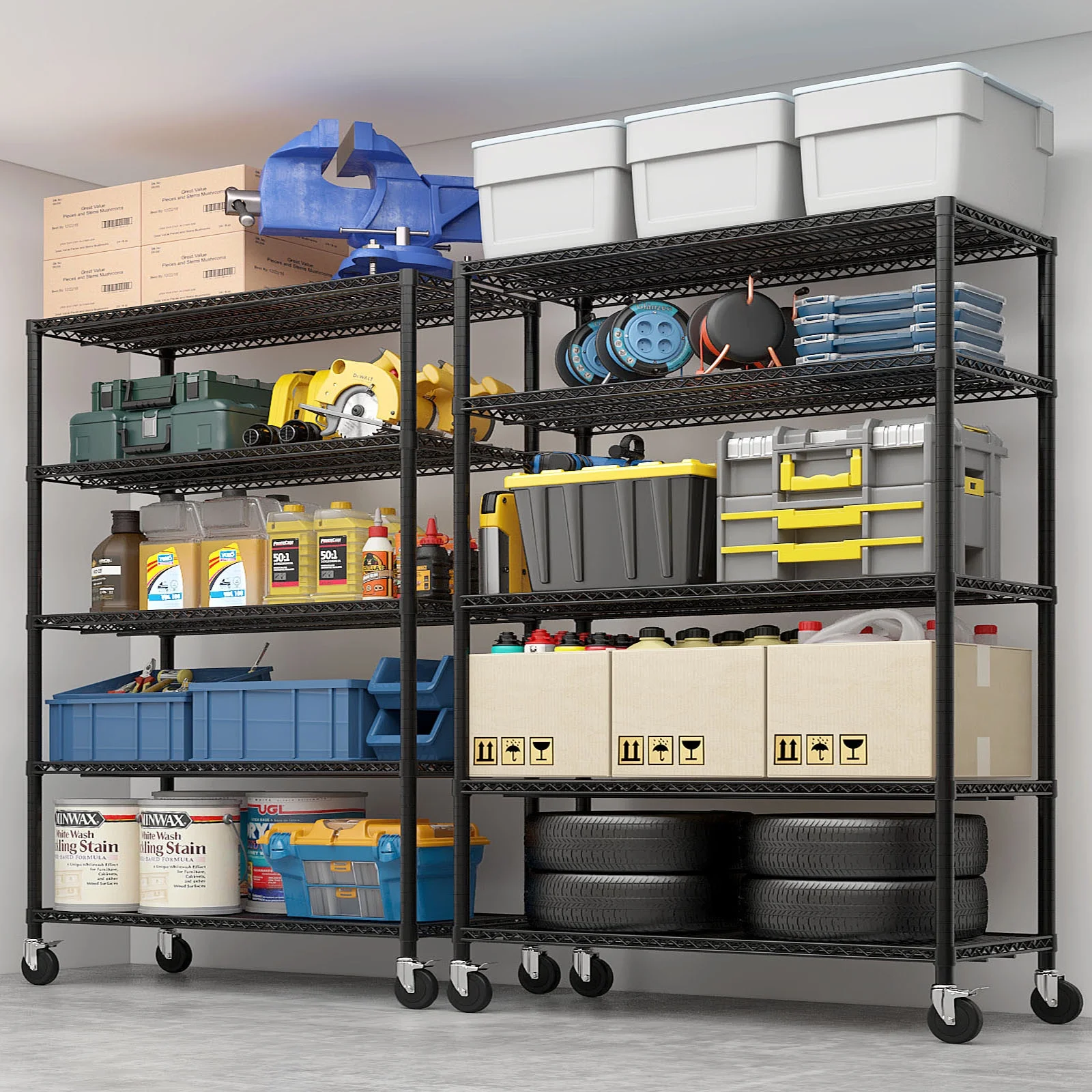 Ktaxon 4 Tier Wire Shelving with Wheels, 46"W x 17.7"D x 65"H Multifunctional Storage Rack Metal Garage Shelves Organizer, Capacity for 800lbs, Black