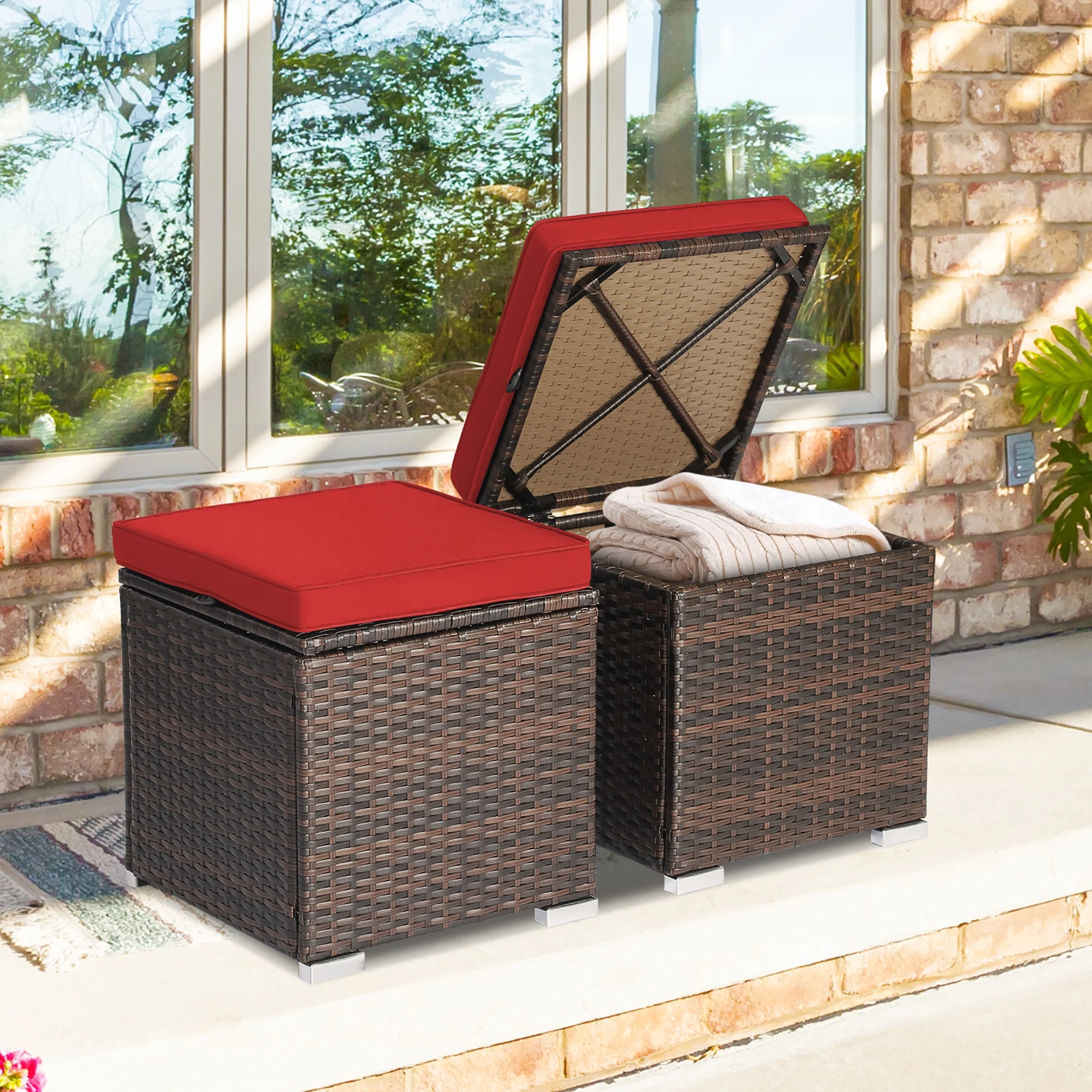 Costway 2PC Patio Rattan Ottoman Seat Side Table Storage Box Footrest Off White