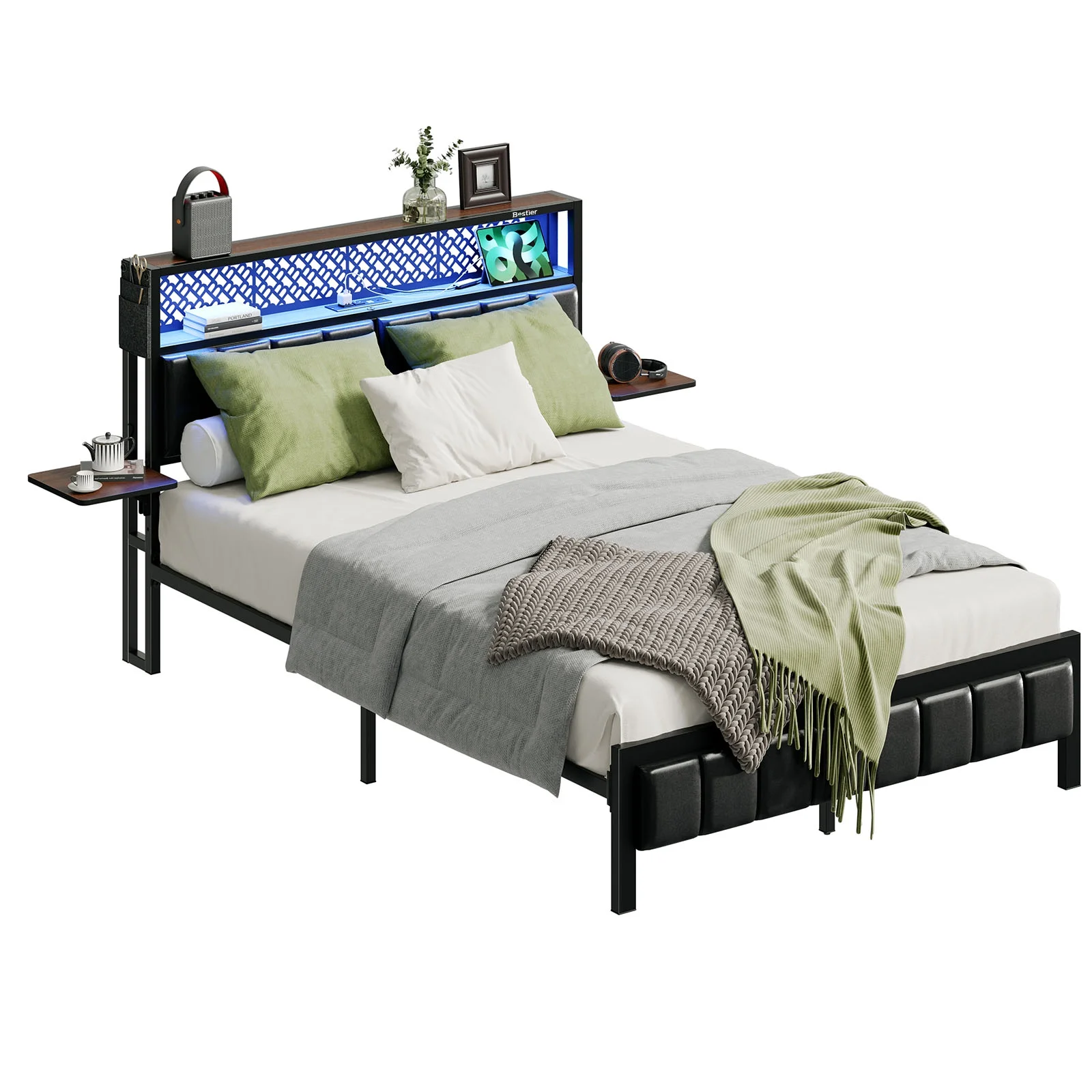 Bestier Queen Size Platform Bed Frame with Wood Foldable Bedside Shelves and LED Storage Headboard Charge Station, Gray