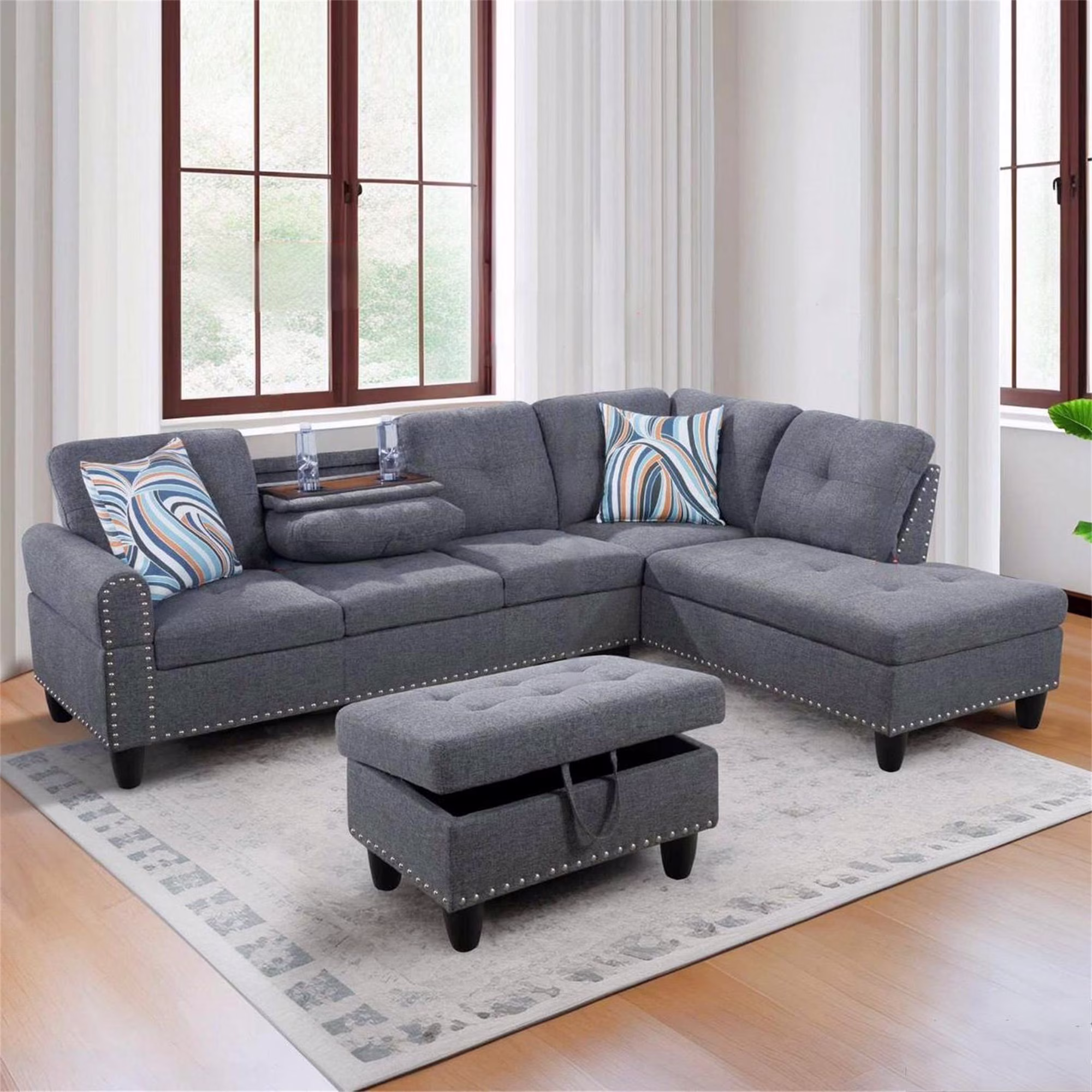 Aukfa 3 Piece Sectional Sofa, Living Room Couch with Storage Ottoman&Cup Holder, Linen, Right Hand, Purple