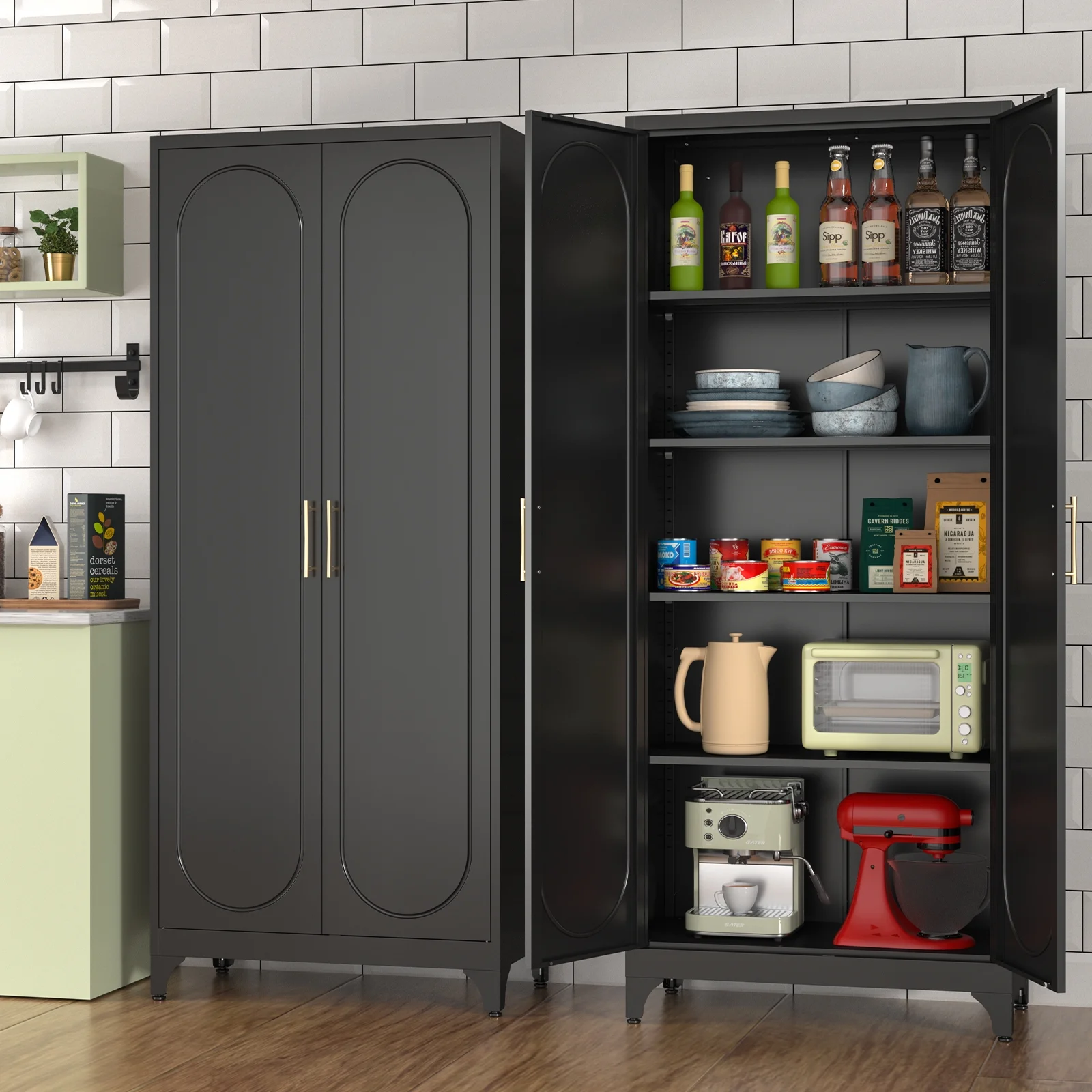 Polup White 75" H Modern Kitchen Storage Cabinet with Doors and Adjustable Shelves