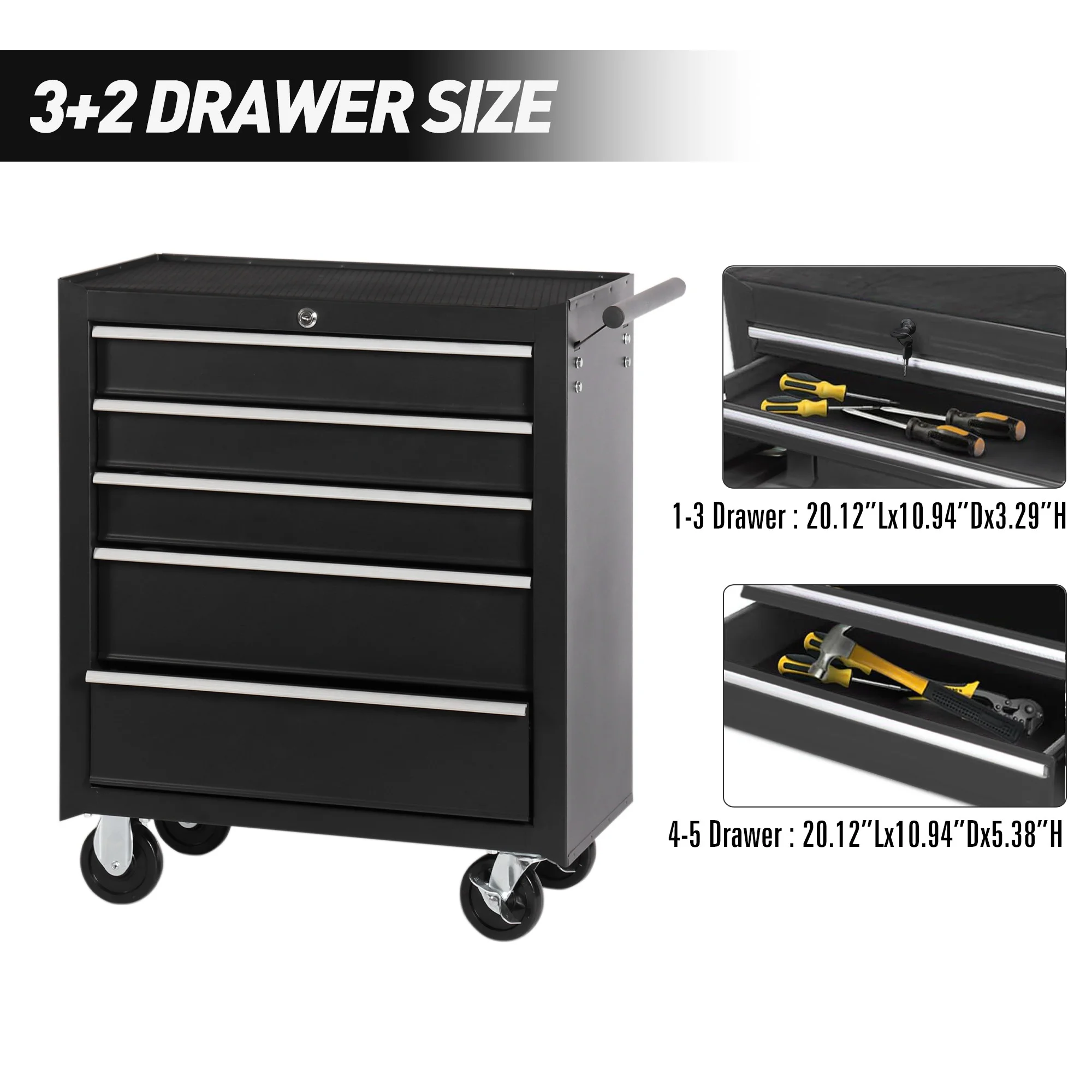Tool Chest on Wheels, 5-Drawer Rolling Tool Box with Workbench Top, Multifunctional Tool Storage Organizer for Garage, Warehouse, Workshop