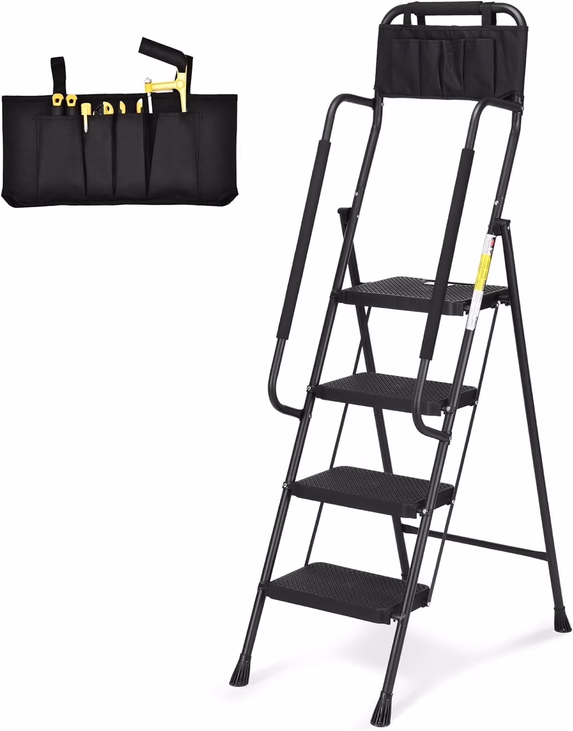HBTower 4 Step Ladder with Handrails and Tool Bag, Folding Step Stool with Attachable  Anti-Slip Wide Pedal, Black