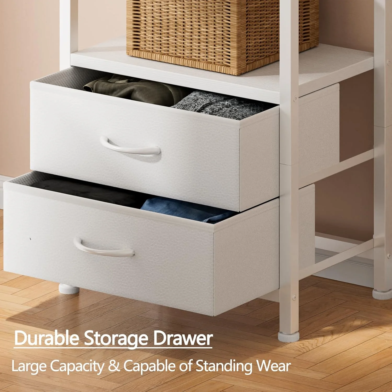 5-Tier Corner Shelf, Narrow Bookshelf with 2 Storage Drawers, Tall Bookcase, Wood Display Standing Shelf Organizer Unit for Living Room, Bedroom, Metal Frame(White)