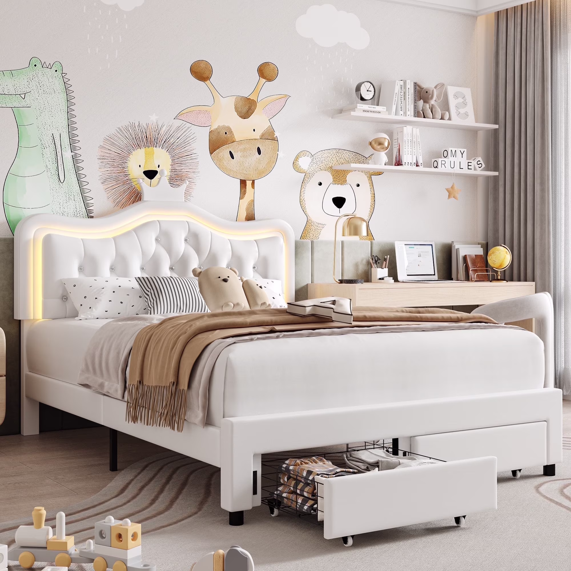 Homfa Full Size Bed, LED Upholstered Bed with Adjustable Crystal Button Tufted Crown Headboard, Soft PU Princess Platform Bed with Storage Drawers, Pink