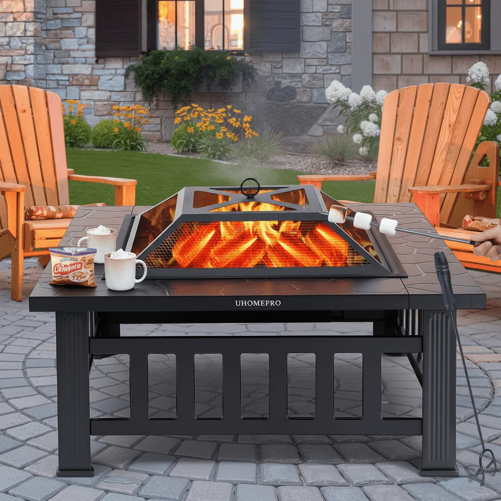Fire Pits for Outside, UHOMEPRO 32" Square Iron Fire Pit Backyard Patio Garden Stove Wood Burning Fire Pit w/ BBQ Net, Waterprrof Cover, Mesh Screen Lid, Wood Grate, Poker, Durable Fire Pit