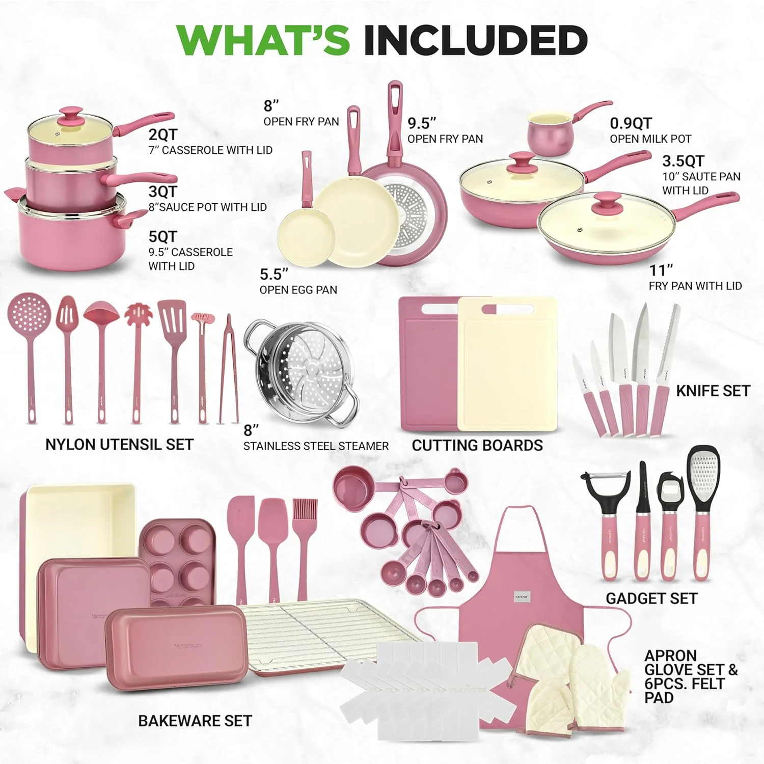 54-Piece Kitchen Cookware Set -C Complete Non-Stick Ceramic Pots and Pans Set with Utensils, Bakeware, and Knife Set, Gas, Electric & Induction Compatible, Blush Pink Kitchen Essentials