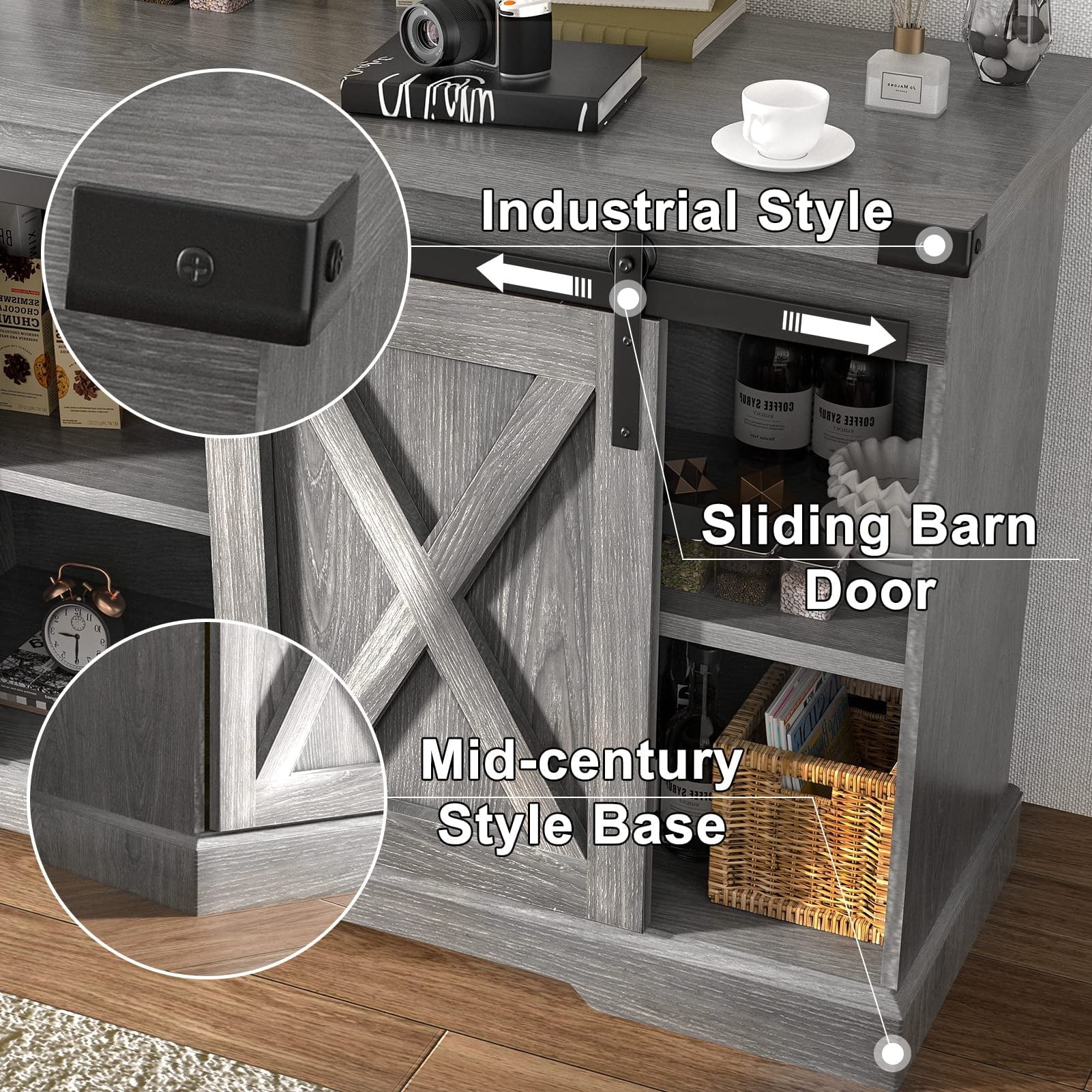 58" Farmhouse Coffee Bar Cabinet with Sliding Barn Door, Heavy Duty Sideboard Buffet Cabinet Kitchen Storage(Grey)