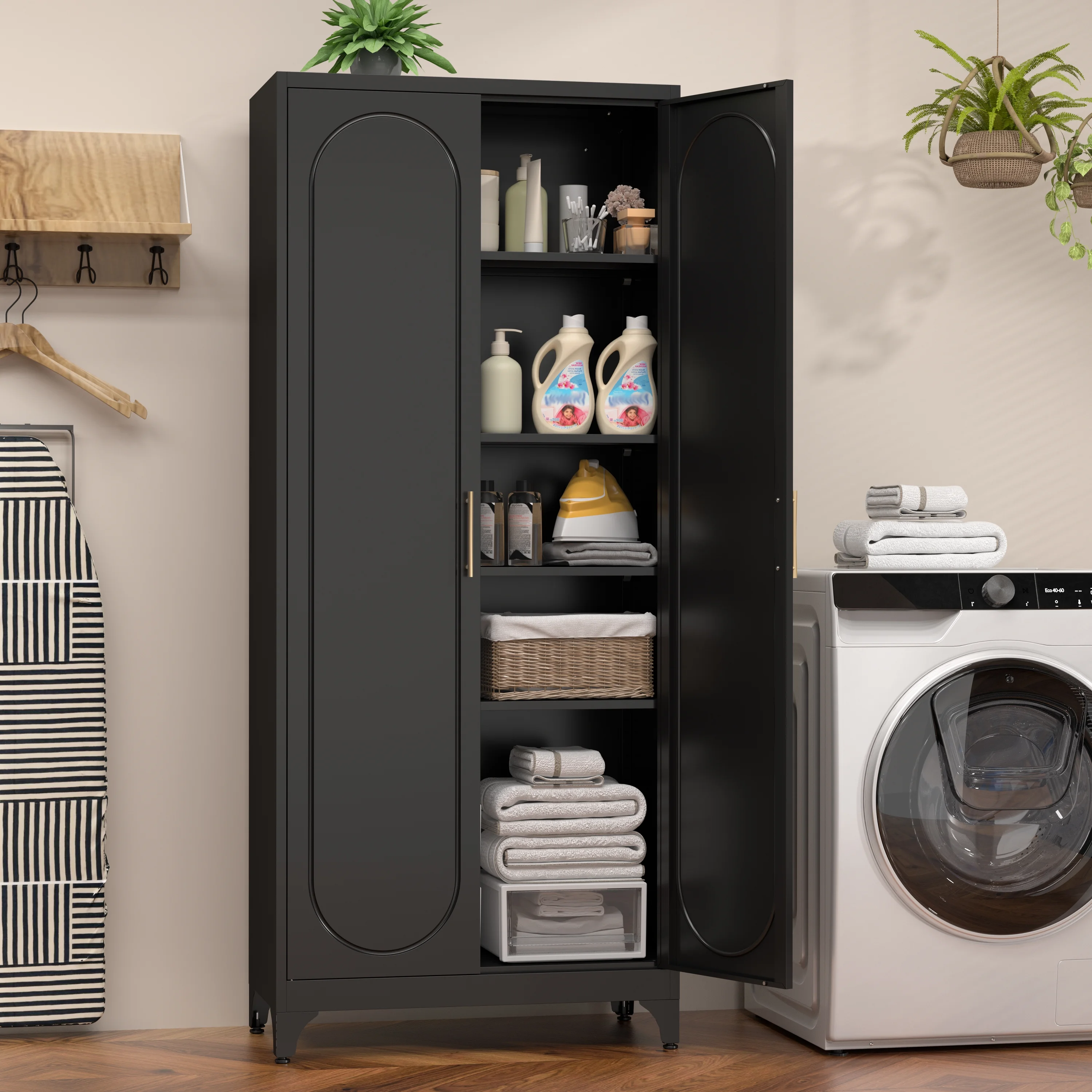 Polup White 75" H Modern Kitchen Storage Cabinet with Doors and Adjustable Shelves
