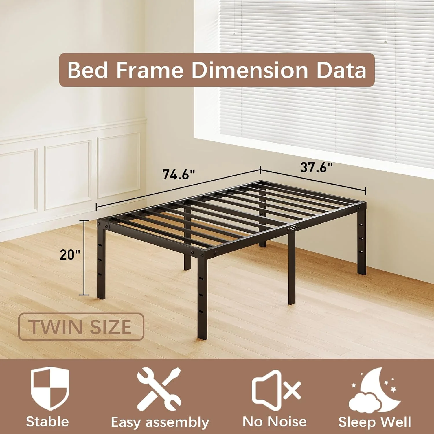 20 Inch King Bed Frame No Box Spring Needed, Heavy Duty Tall Metal Platform with Large Storage Space, Easy Assembly Strong Bearing Capacity, Noise Free
