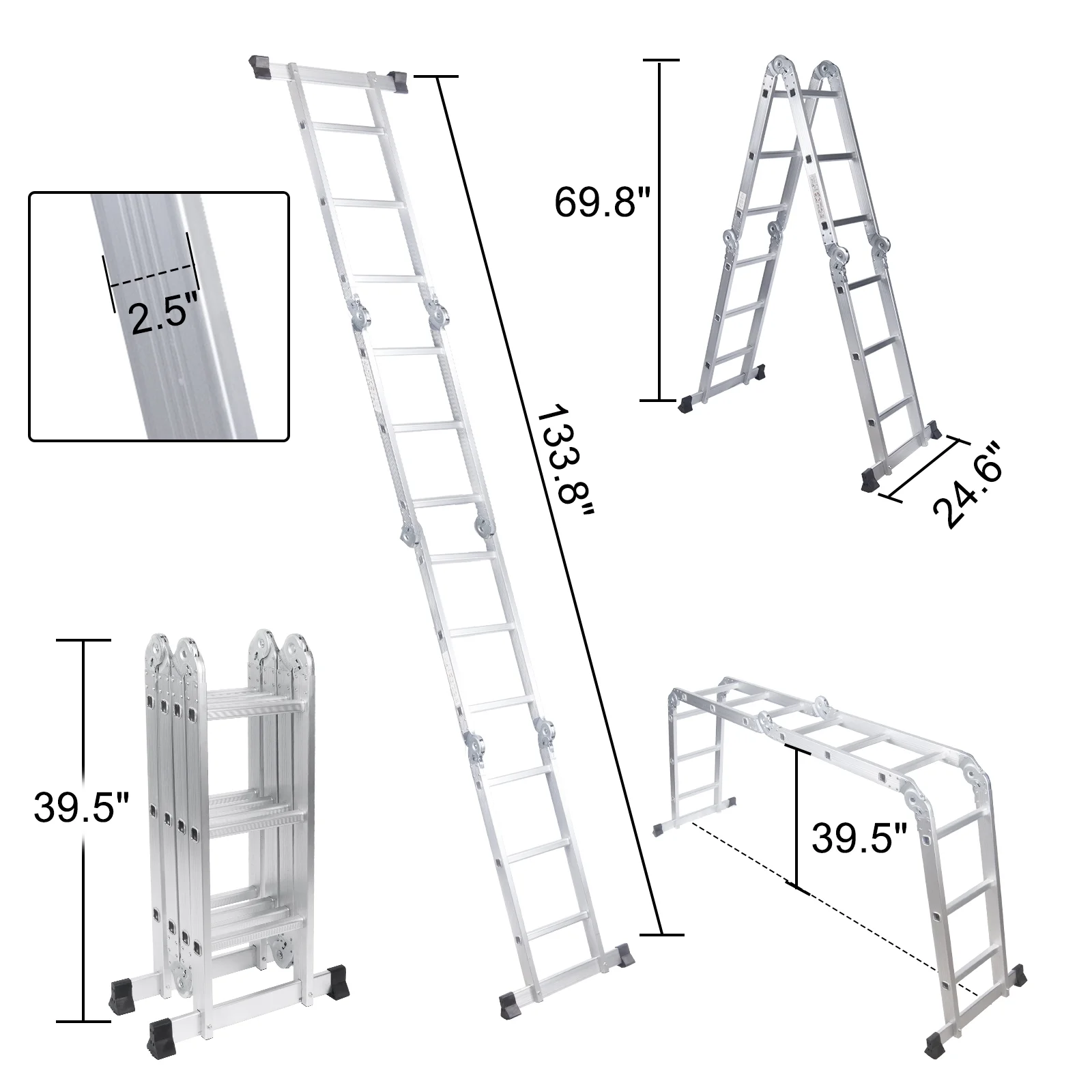 BETISEF 12.5ft 7 in 1 Multi-Purpose Ladder, Folding Aluminium Extension Ladder w/Anti-Slip Feet, EN 131 Standard 330LB Capacity