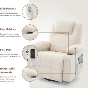 Oversized Swivel Rocker Recliner Chair with Heat and Massage, 360 Degree Swivel Rocking Single Sofa with Cup Holders and USB Port, Large Big Recliner Chair for Living Room (Leather, Brown)