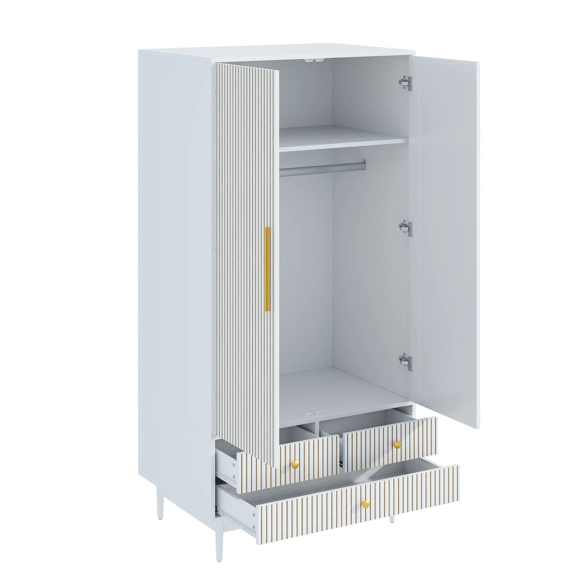 Oubayajia Wardrobe Armoire Closet, 2 Fluted Doors Wardrobe Cabinet with 3-Drawer and Hanging Rod, Wood Wardrobe Storage for Bedroom
