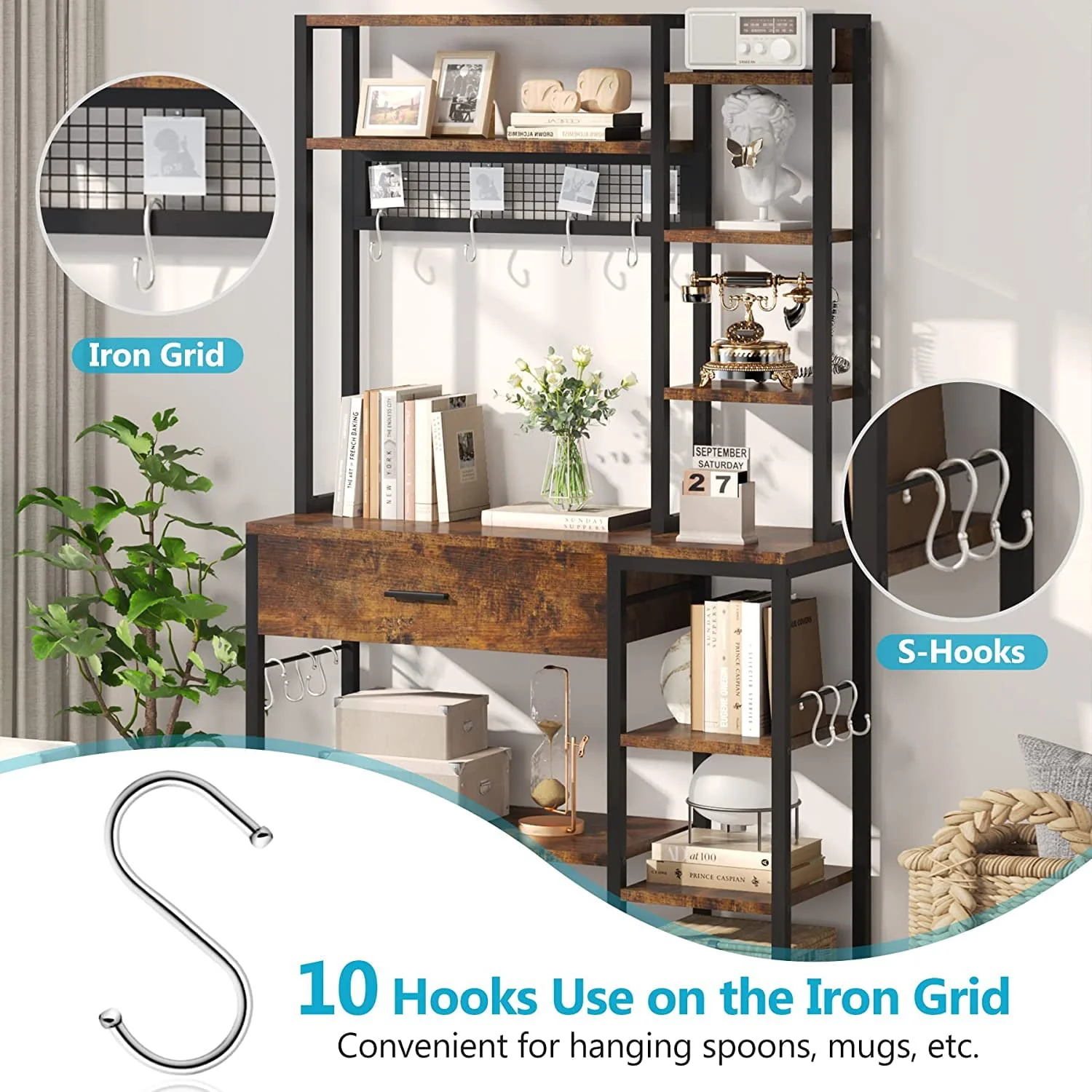 Tribesigns Baker's Rack with Drawer, 70.9 inch Kitchen Storage Shelf with 10 Hooks, Rustic Brown