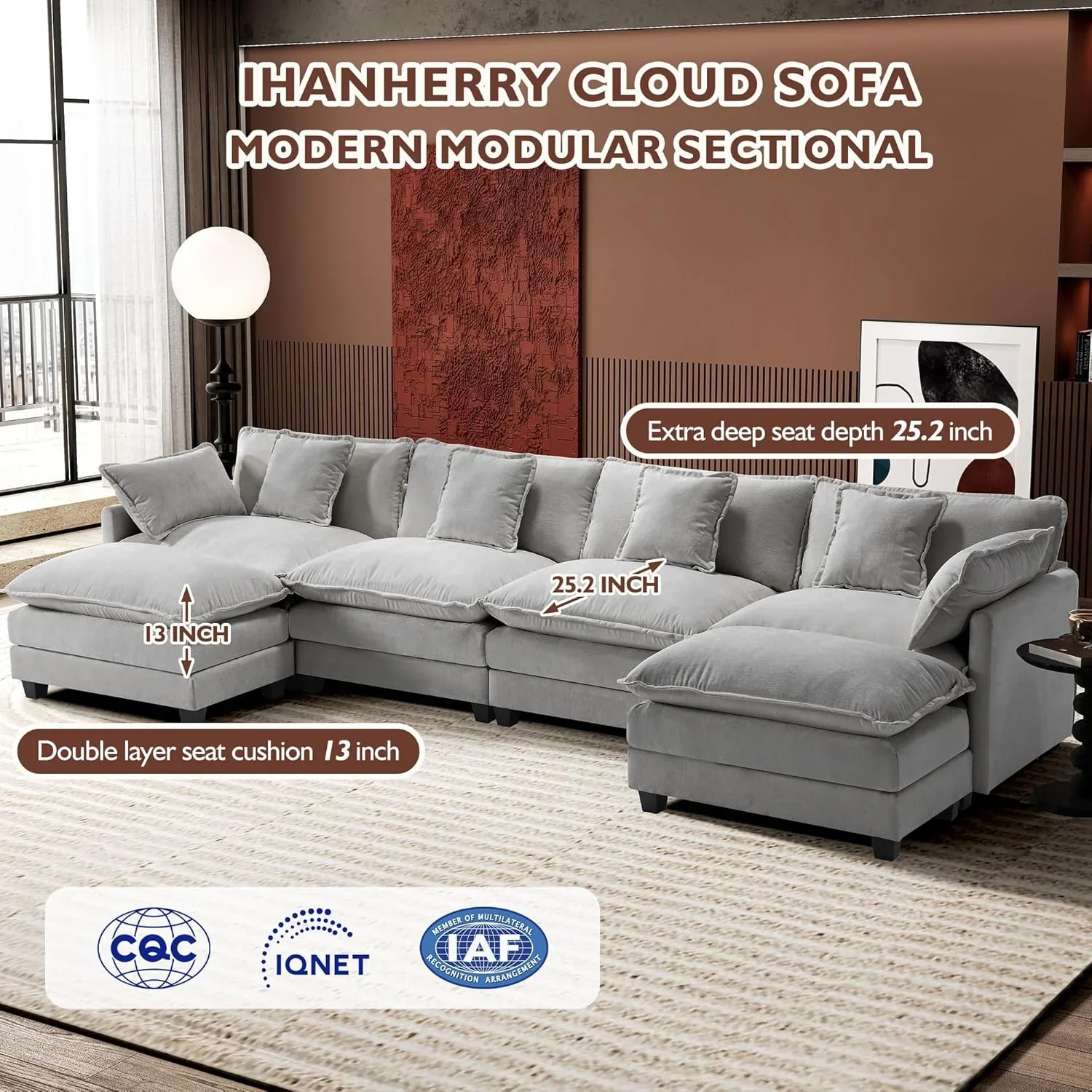 Ihanherry 146" U-Shaped Modern Sofa Modular Sectional Cloud Couch with 2 Ottoman, 6-Seat Chenille Deep Seat Sofa with 6 Pillows for Living Room, Bedroom and Apartment, Grey
