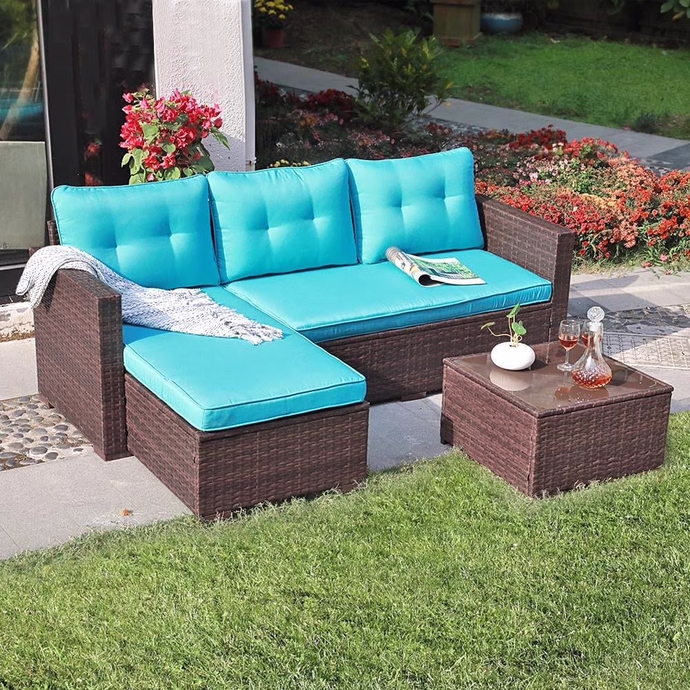 JOIVI 3 Pieces Patio Conversation Set, PE Wicker Rattan Outdoor Furniture Set, 2 Ways Small Sectional Sofa, Tempered Glass Coffee Table, Silver-Gray