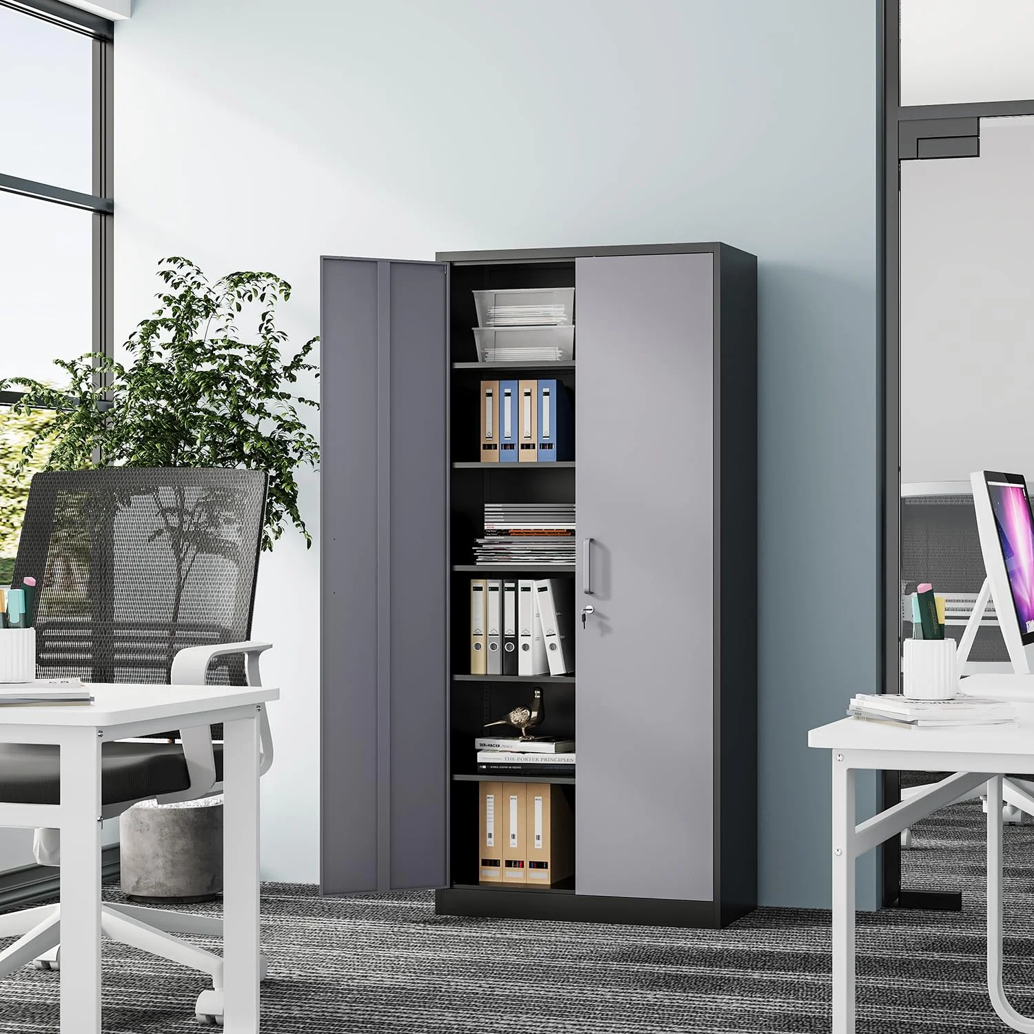 STANI Metal Storage Cabinet, 71- Tall Steel Cabinets with Locking Door and 5 Adjustable Shelves, Steel Classic Storage Cabinet for Home, School, Office, Garage