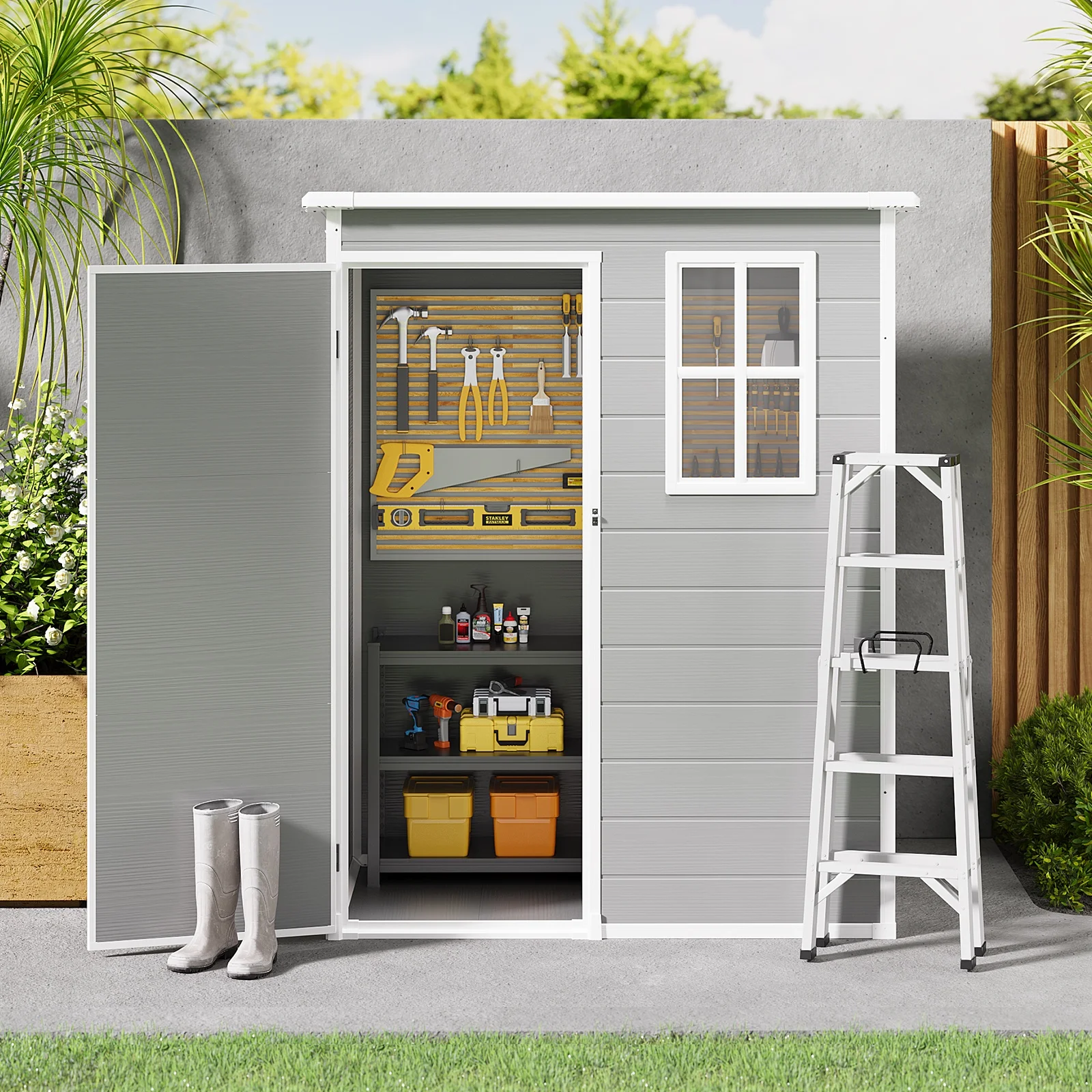 Asofer 6x4 FT Resin Storage Shed, Plastic Outdoor Shed with Floor-Side Window, Lockable Door for Backyard, Garden, Patio, Gray