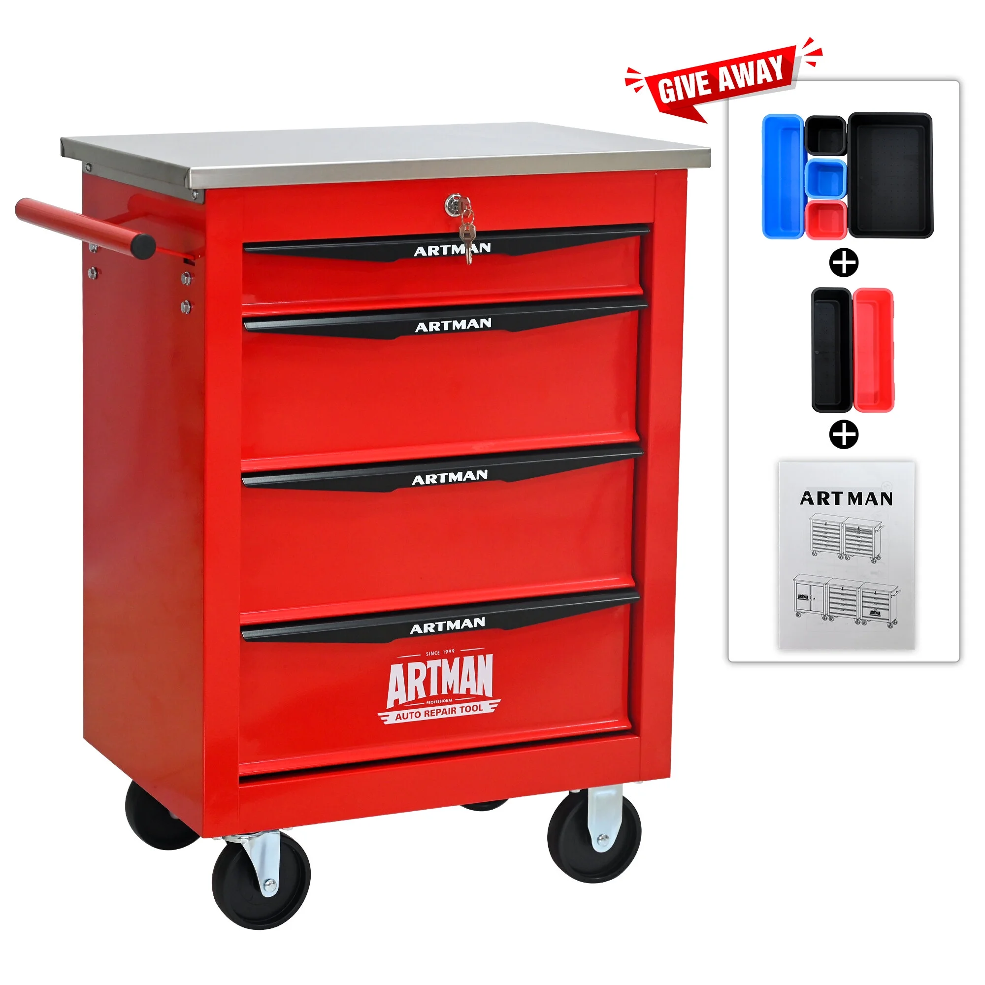 Tool Cabinets 4 Drawers Multifunctional Tool Cart with Wheels,Metal Rolling Tool Cart Storage for Garage Workshop Warehouse Repair Shop--With Stainless Steel Roof- Red&Black,Garage Tool Cabinets
