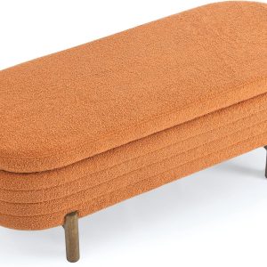 Furniliving Modern Storage Ottoman Bench, Sherpa Ottoman End of Bed Bench with Solid Wood Legs Upholstered Ottoman Benches with Storage Indoor Bench for Living Room with Rolled Arm, Entryway, White
