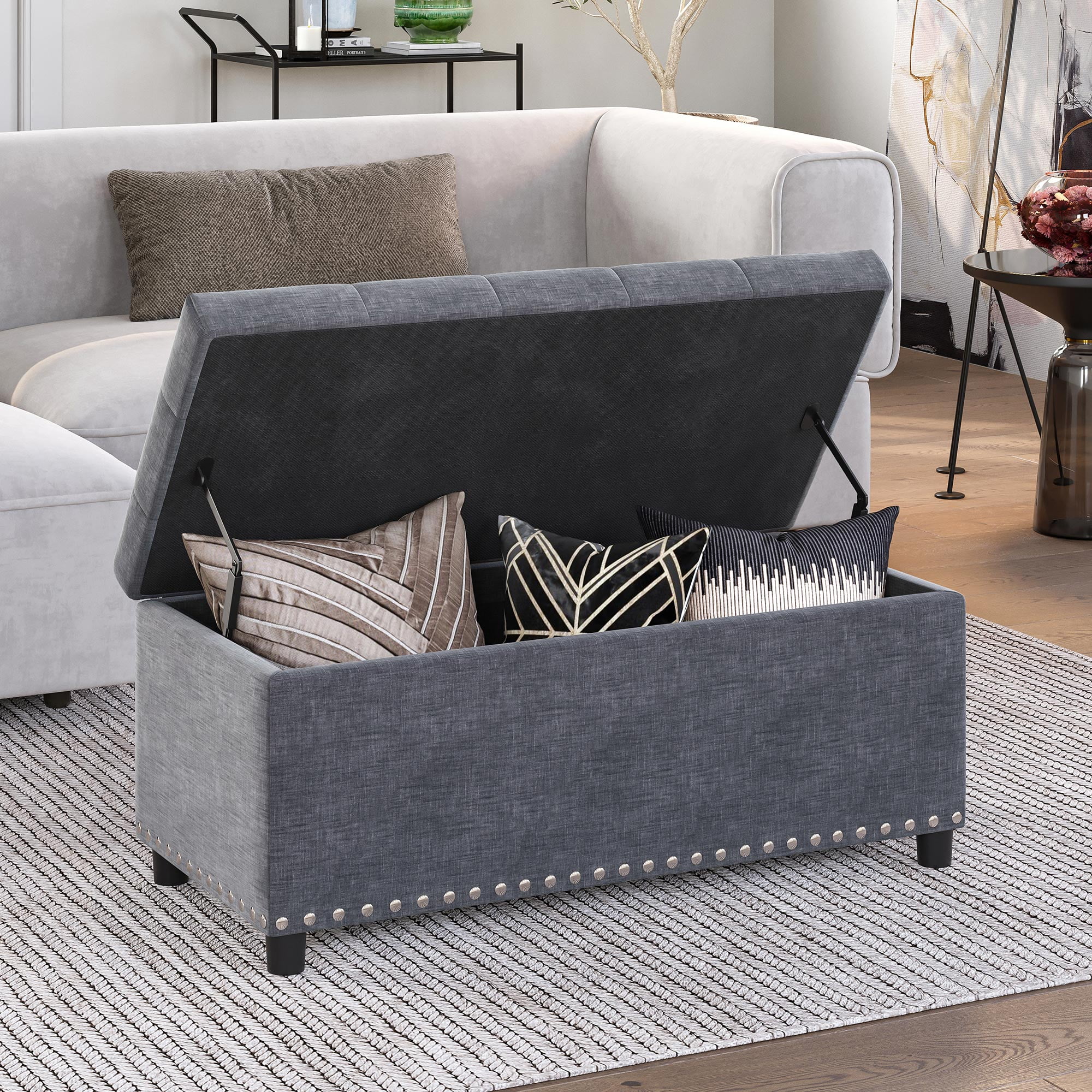 BELLEZE 35 Inch Storage Ottoman, Button-Tufted Ottoman Linen Storage Bench with Safety Close Hinge, Ottoman with Storage for Living Room, Entryway, Hallway, Foot Rest, Support 300lbs - Dark Grey