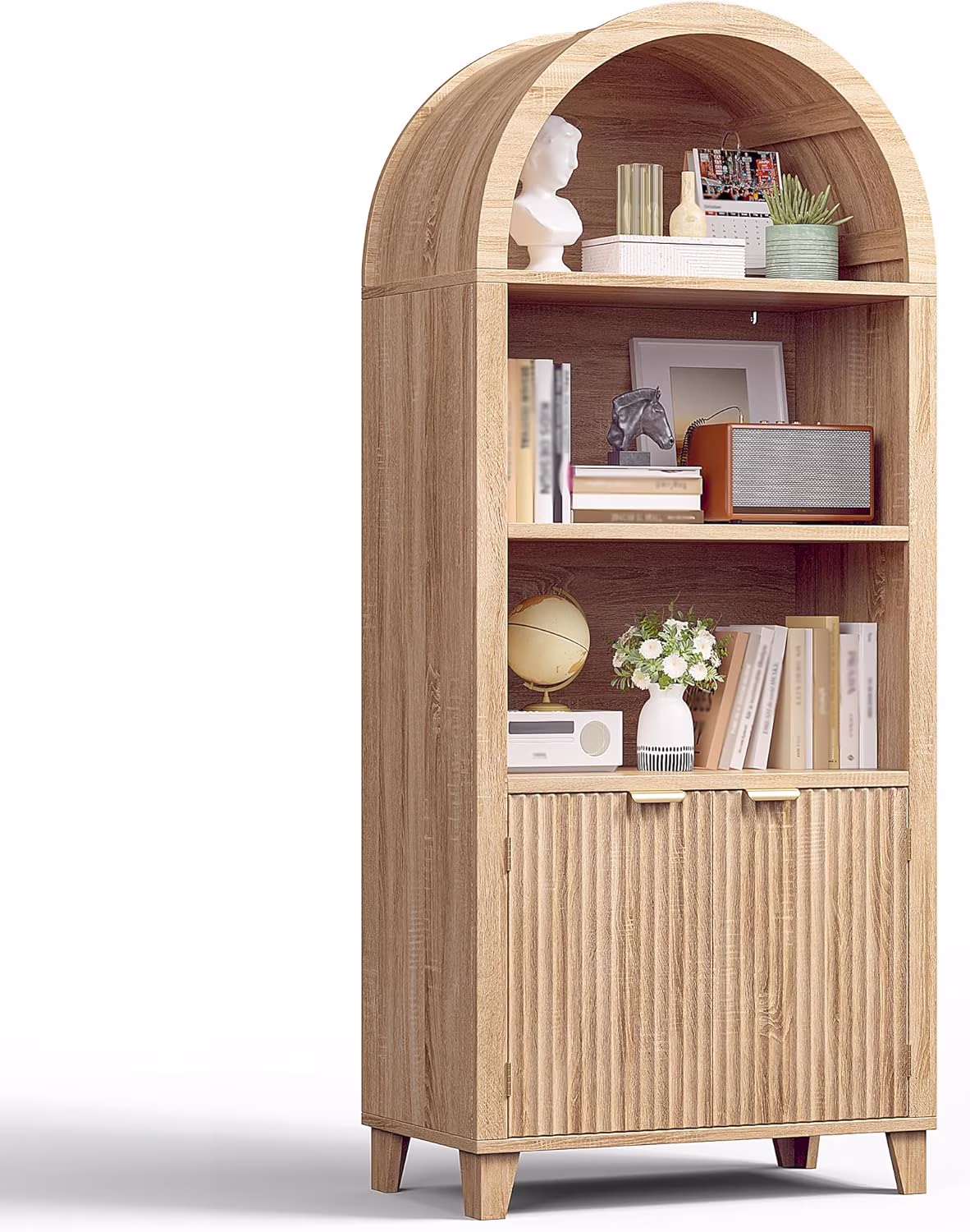 Bookshelf Arched Cabinet,5-Tier Arched Bookcase with Doors and Adjustable Shelves,Wooden Storage Cabinet with Open Display Shelf for Office,Living Room-Light Oak