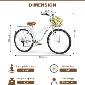 WEIZE Beach Cruiser Bike 26 inch Commuter Bicycle for Adult Men and Women 7-Speed/High-Carbon
