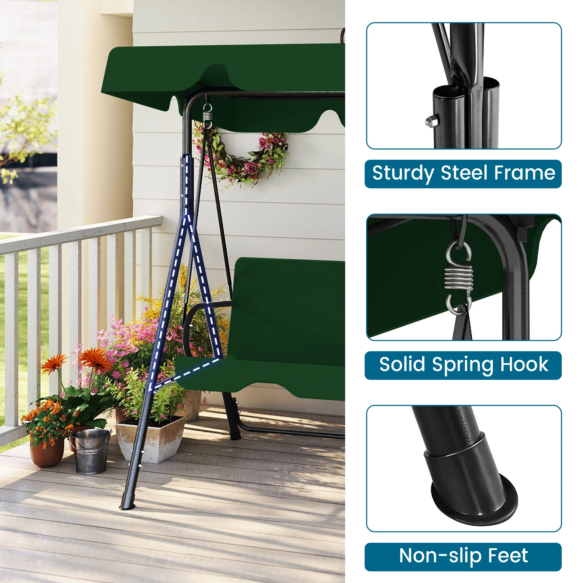 Melocadol 3 Seats Outdoor Porch Swing Glider, Patio Swing Chair with All Weather Covered Canopy and Rust Proof Heavy Duty Stand, for Garden, Lawn, or Backyard, Black