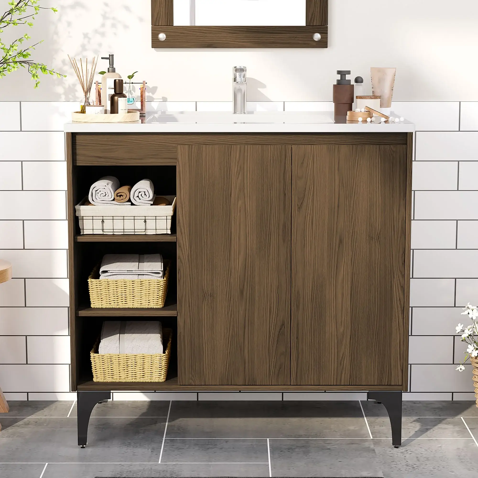 JUSTLET 36" Bathroom Vanity with Sink, Wood Bathroom Vanity Cabinet with Adjustable Shelf and Metal Legs, Bathroom Storage Cabinet with Resin Basin for Bathroom, Natural