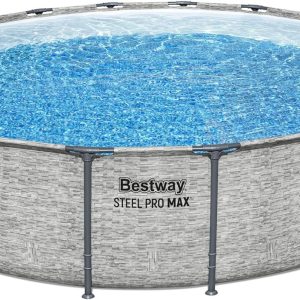 Steel Pro MAX 14 Foot x 48 Inch Round Metal Frame Above Ground Outdoor Swimming Pool Set with 1,000 Filter Pump, Ladder, and Cover, Gray