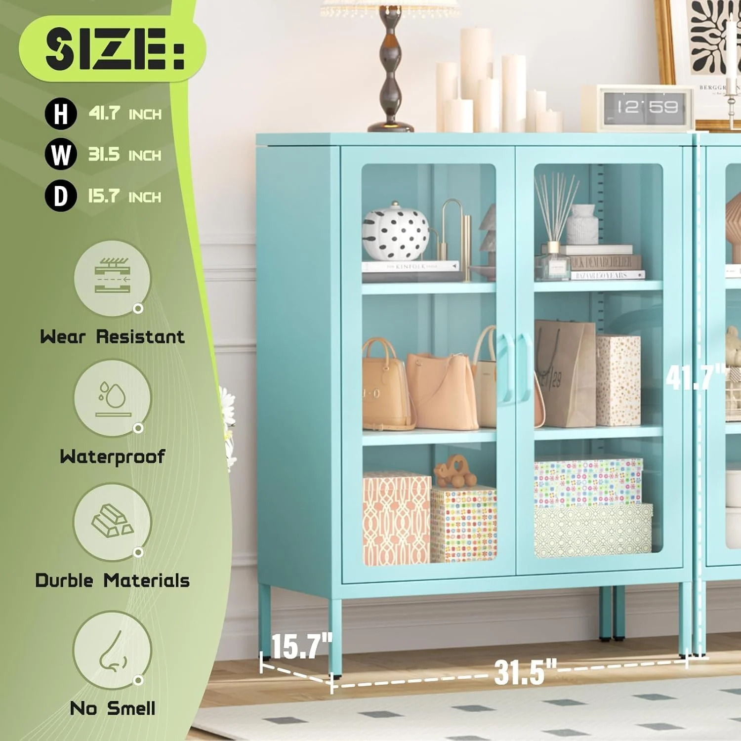 SUNCROWN Metal Storage Cabinet, Curio Display Cabinet with 2 Glass Display Door and 4 Shelves, Side Storage Organize, Modern Bookshelf Cabinet for livingroom, Bedroom, Kitchen, Black